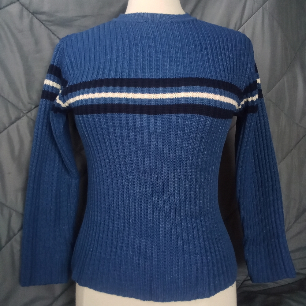 Women's Greendog Blue Ribbed All Over Crew Neck Knit Sweater Size Small Striped